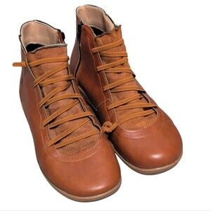 Aetrex Arch Support Faux Leather Side-Zip Booties Faux Laces brown Orthopedic 9